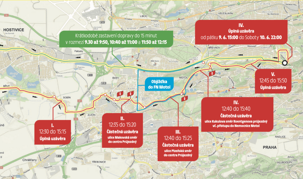 mapa dopravního omezení okolo FN Motol z důvodu cyklistického závodu L'Etape Czech Republic by Tour de France